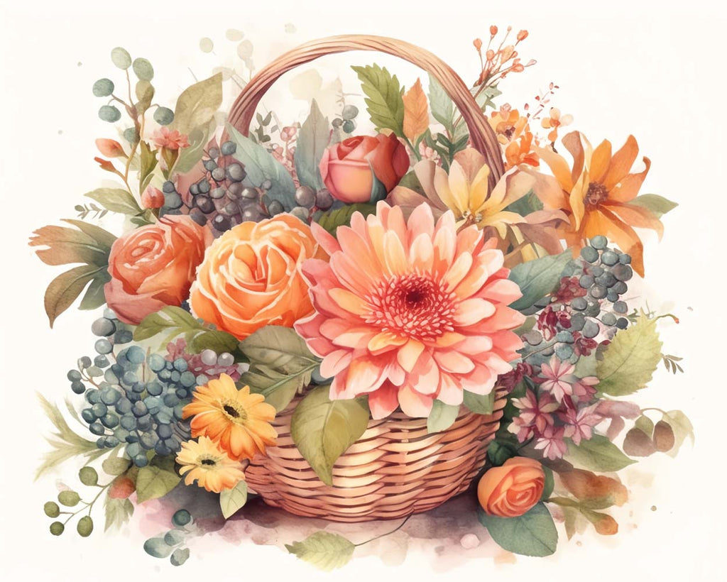 Korb mit Blumen Weißer Hintergrund Malen nach Zahlen
