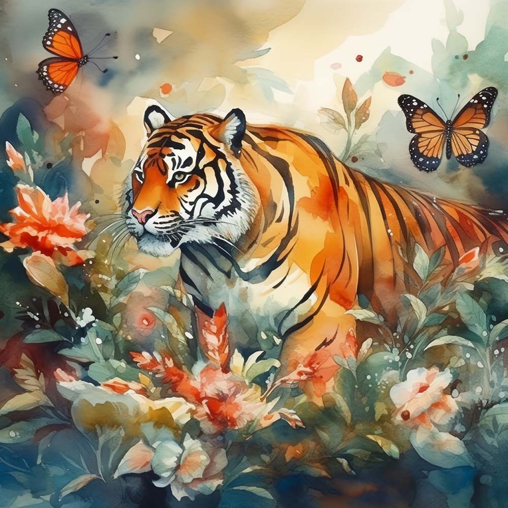 Tiger, Blumen und Schmetterlinge Malen nach Zahlen